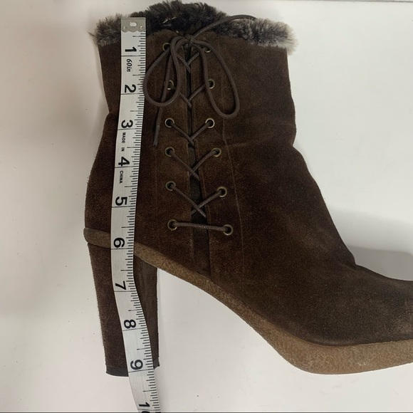 Stuart Weitzman Brown Suede Faux Fur Trim Lace Up Zip Up Ankle Boots - Picture 15 of 16